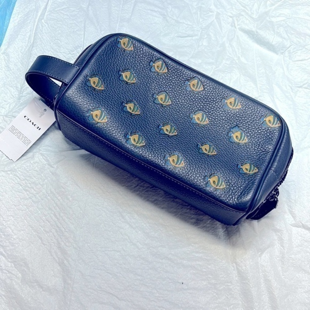 Coach  fish pebble leather fabric lined fish blue /yellow travel kit bag